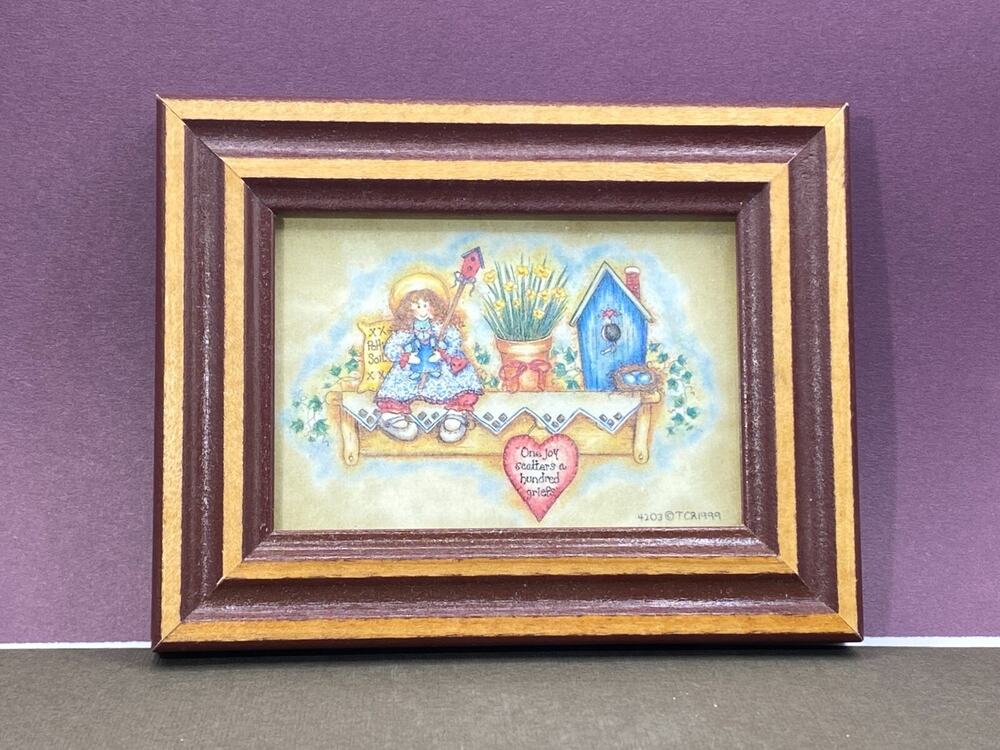 Miniature Framed Painting Girl w/ Birdhouse 4.5" x 3.5" TCR 1999